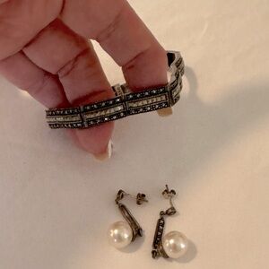 Elegant Marcasite Silver Bracelet and Pearl Earring Jewelry Set